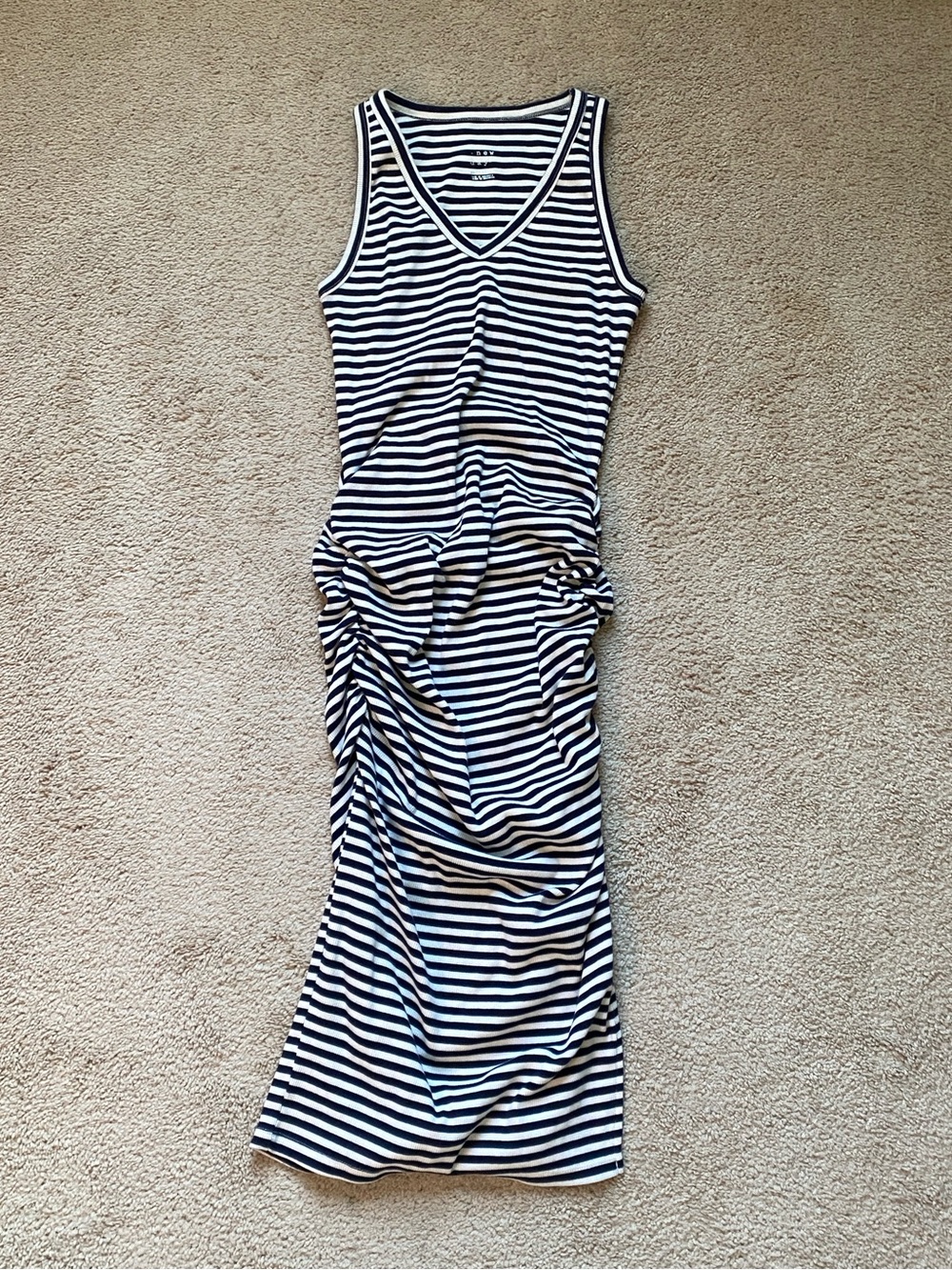 A New Day Ruched Fitted Midi Dress, Navy White Stripe, Size Small